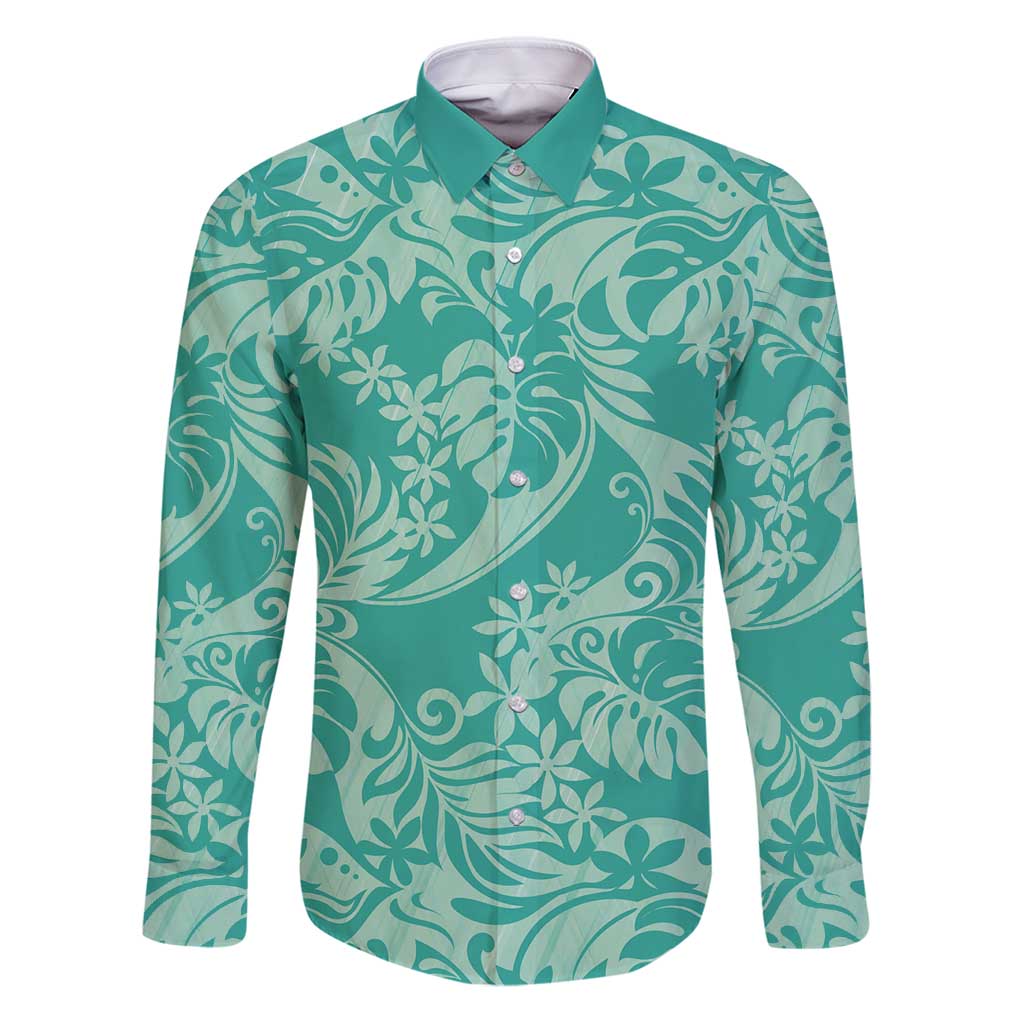 Tahiti Teal Tiare Floral Family Matching Puletasi and Hawaiian Shirt Monstera Palm Tropical Leaves - Polynesian Pride