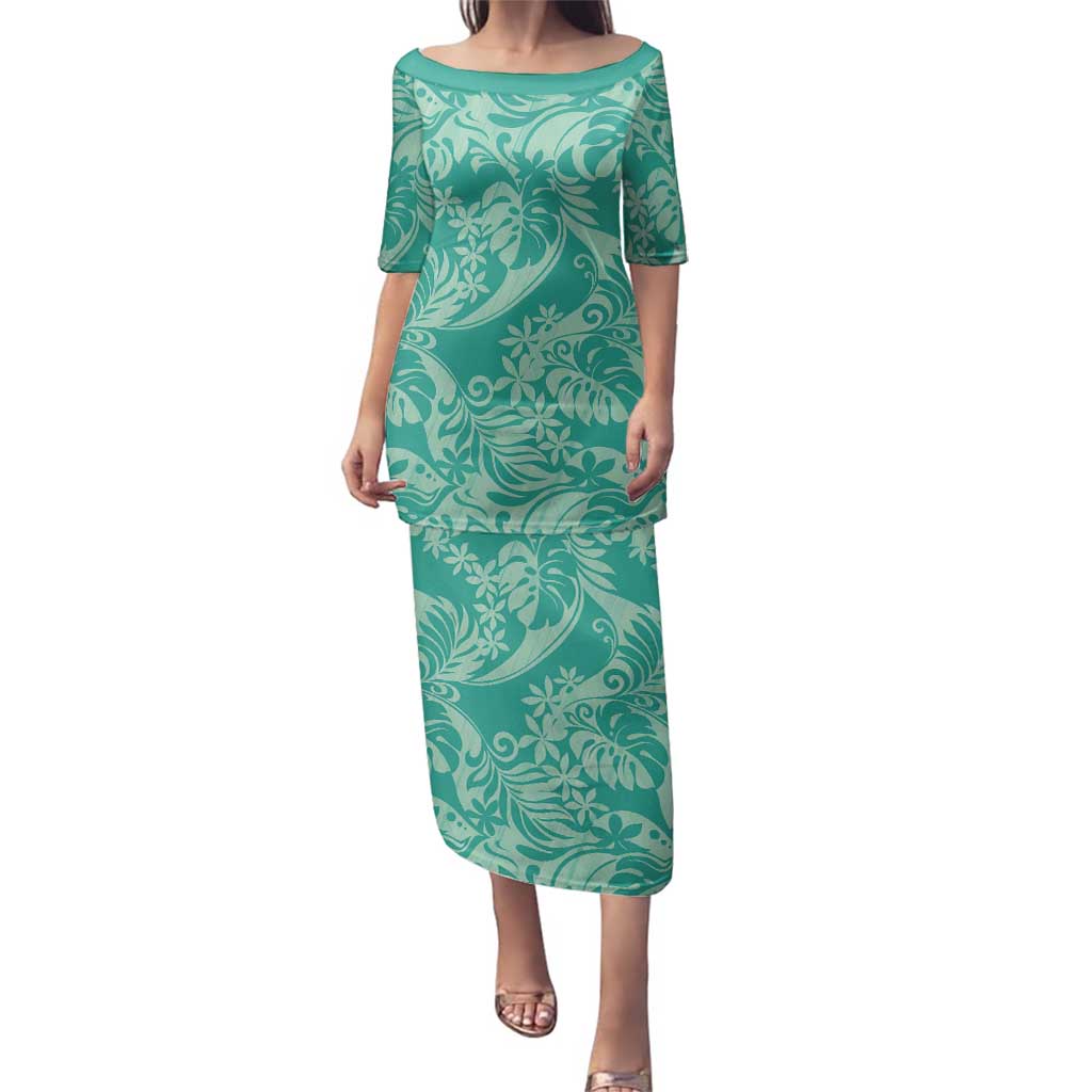 Tahiti Teal Tiare Floral Family Matching Puletasi and Hawaiian Shirt Monstera Palm Tropical Leaves - Polynesian Pride