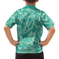 Tahiti Teal Tiare Floral Family Matching Short Sleeve Bodycon Dress and Hawaiian Shirt Monstera Palm Tropical Leaves - Polynesian Pride
