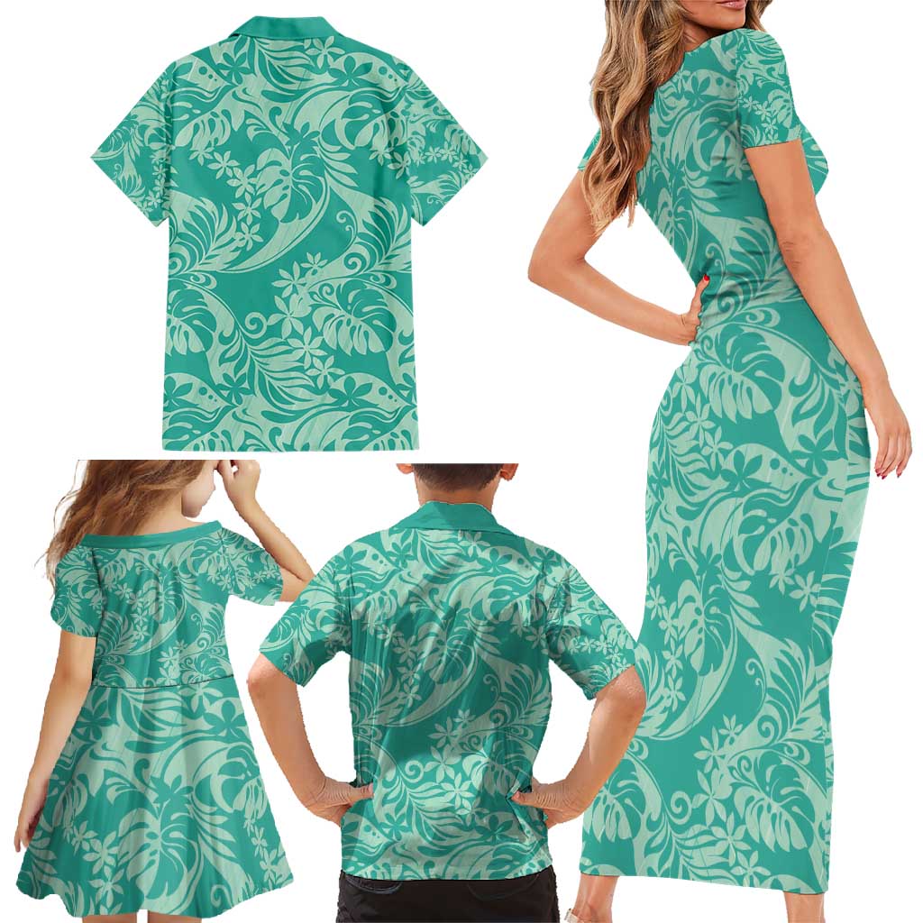Tahiti Teal Tiare Floral Family Matching Short Sleeve Bodycon Dress and Hawaiian Shirt Monstera Palm Tropical Leaves - Polynesian Pride