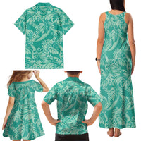 Tahiti Teal Tiare Floral Family Matching Tank Maxi Dress and Hawaiian Shirt Monstera Palm Tropical Leaves - Polynesian Pride