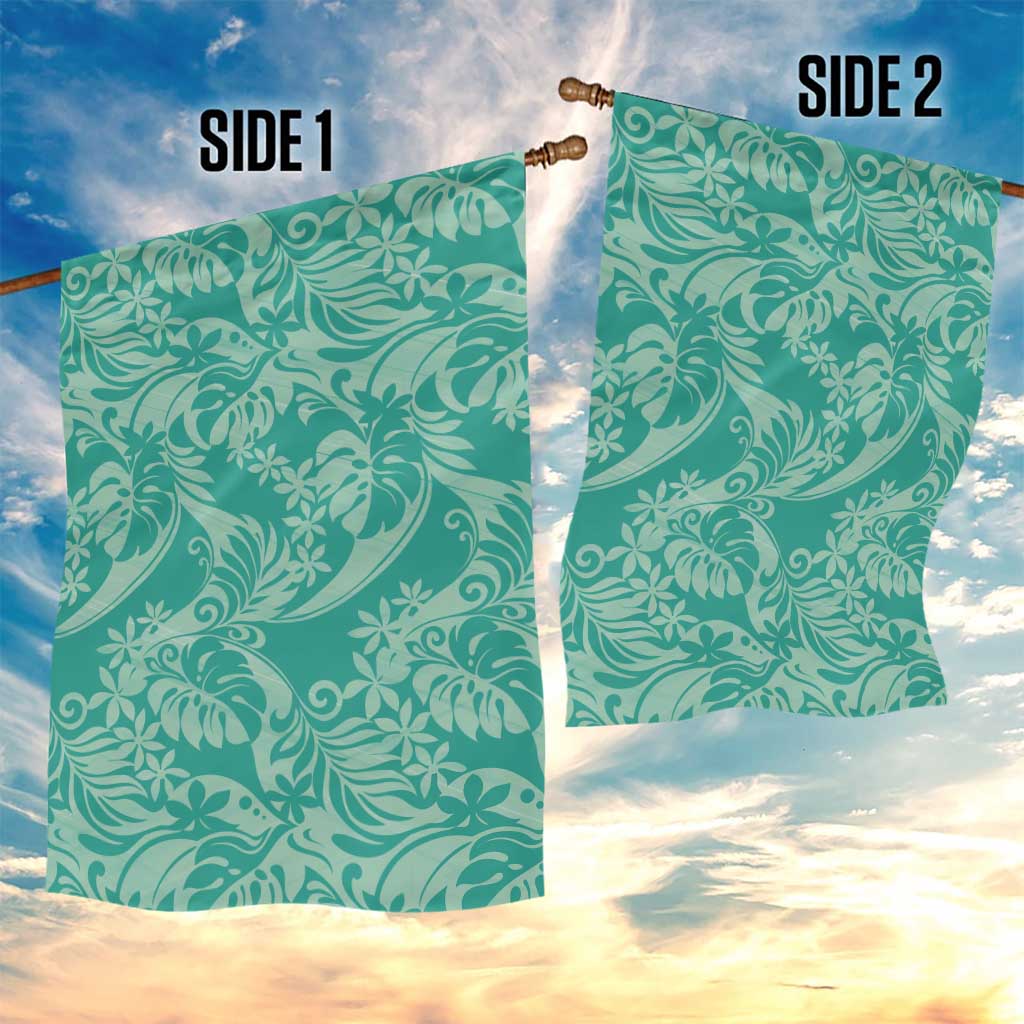 Tahiti Teal Tiare Floral Garden Flag Monstera Palm Tropical Leaves - Polynesian Pride