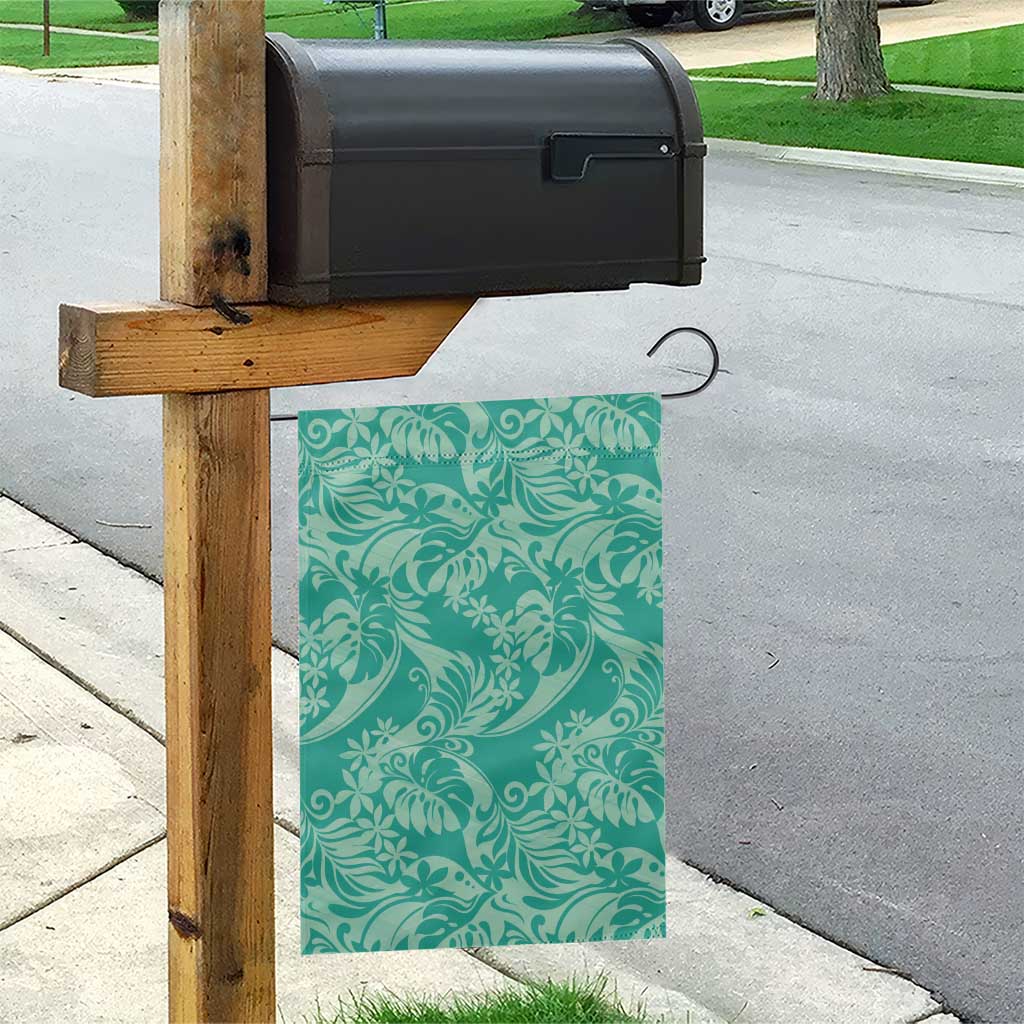 Tahiti Teal Tiare Floral Garden Flag Monstera Palm Tropical Leaves - Polynesian Pride