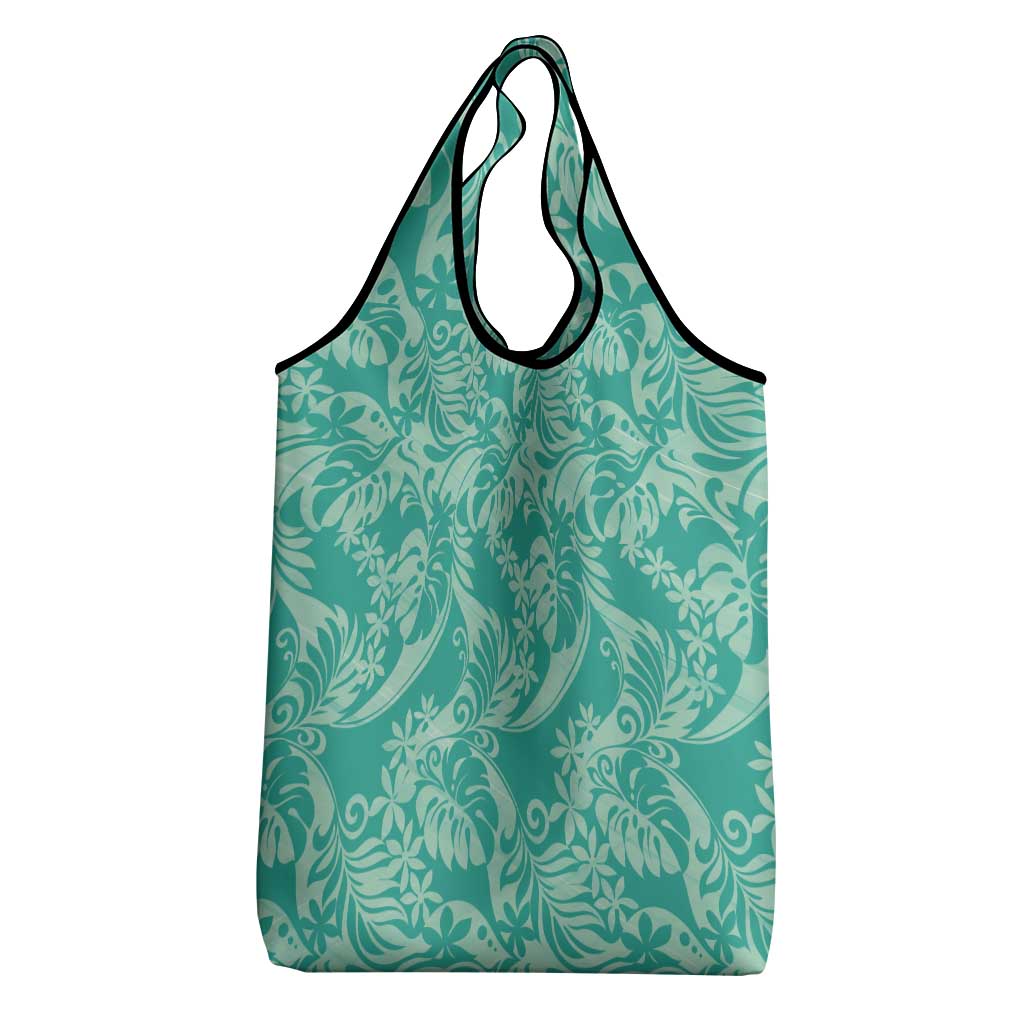 Tahiti Teal Tiare Floral Grocery Bag Monstera Palm Tropical Leaves - Polynesian Pride
