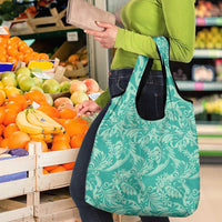Tahiti Teal Tiare Floral Grocery Bag Monstera Palm Tropical Leaves - Polynesian Pride