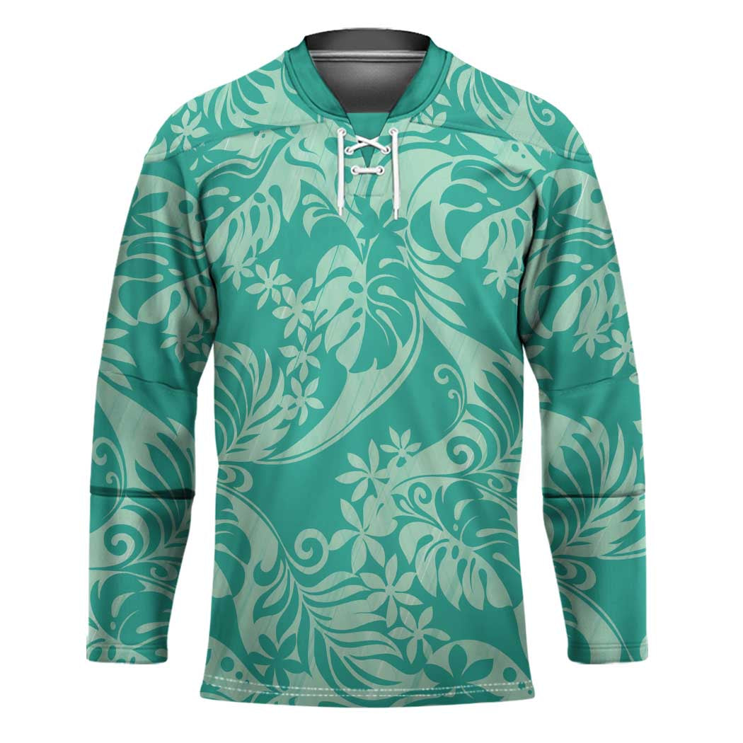 Tahiti Teal Tiare Floral Hockey Jersey Monstera Palm Tropical Leaves - Polynesian Pride