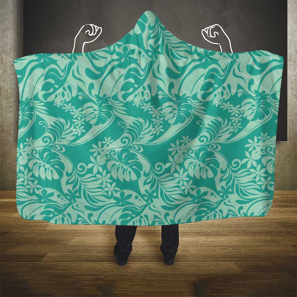 Tahiti Teal Tiare Floral Hooded Blanket Monstera Palm Tropical Leaves - Polynesian Pride