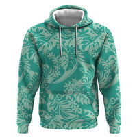 Tahiti Teal Tiare Floral Hoodie Monstera Palm Tropical Leaves - Polynesian Pride