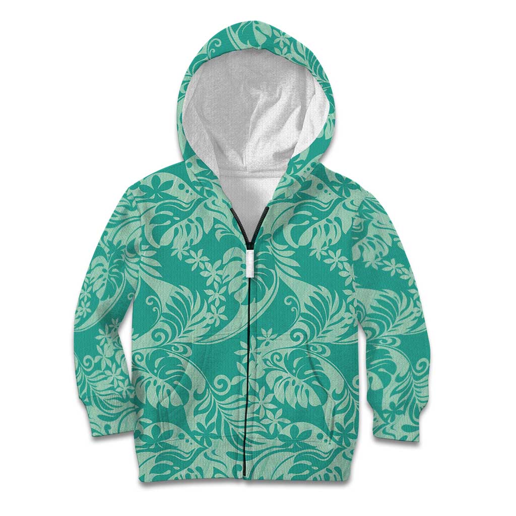 Tahiti Teal Tiare Floral Kid Hoodie Monstera Palm Tropical Leaves - Polynesian Pride