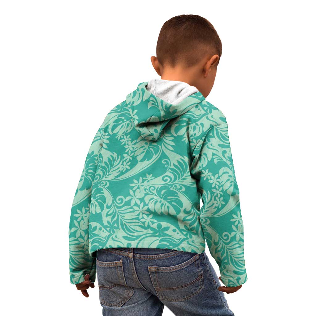 Tahiti Teal Tiare Floral Kid Hoodie Monstera Palm Tropical Leaves - Polynesian Pride