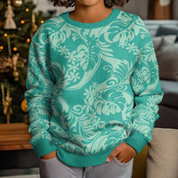 Tahiti Teal Tiare Floral Kid Ugly Christmas Sweater Monstera Palm Tropical Leaves - Polynesian Pride
