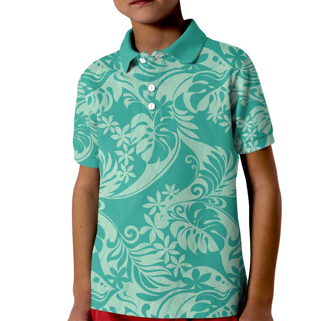 Tahiti Teal Tiare Floral Kid Polo Shirt Monstera Palm Tropical Leaves - Polynesian Pride