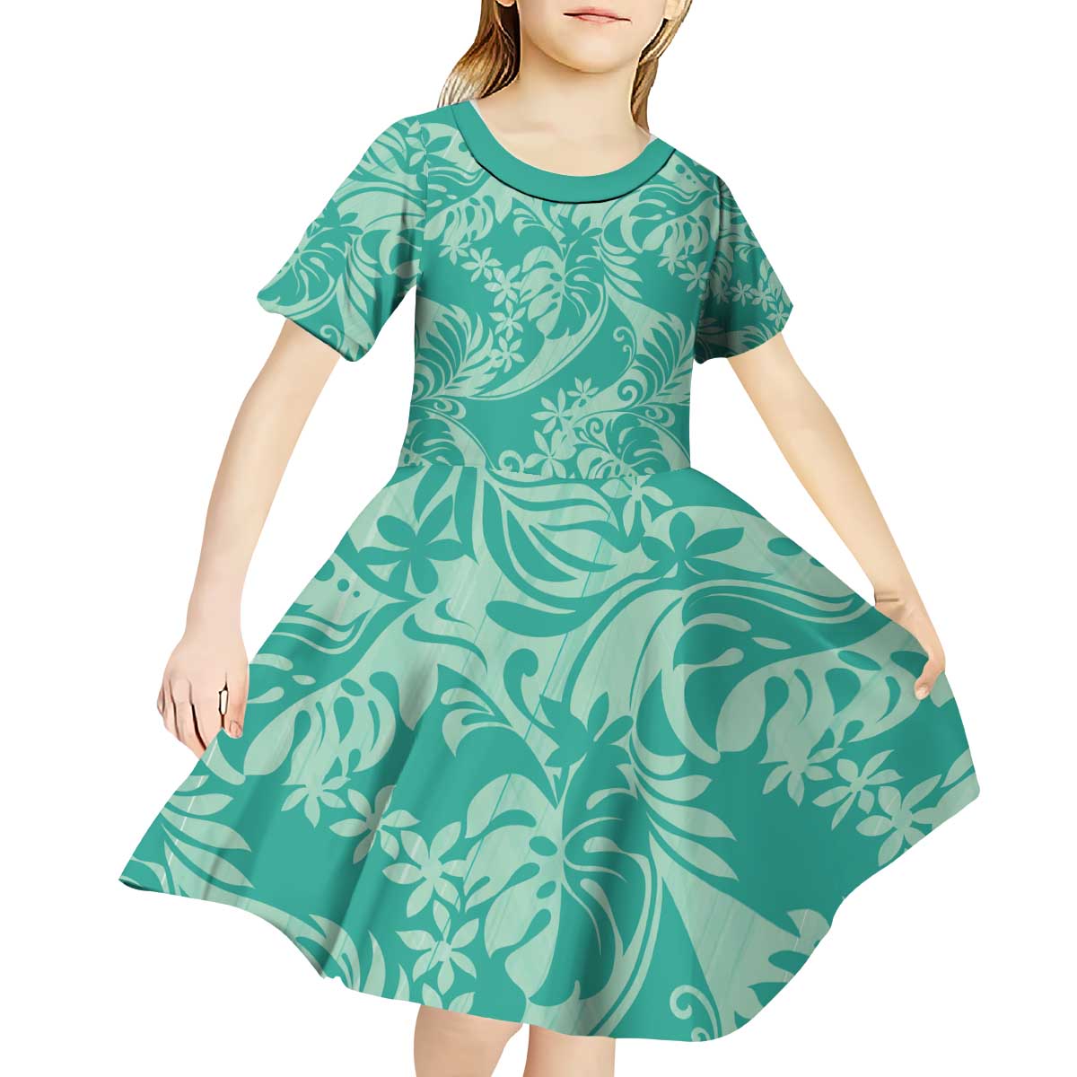 Tahiti Teal Tiare Floral Kid Short Sleeve Dress Monstera Palm Tropical Leaves - Polynesian Pride
