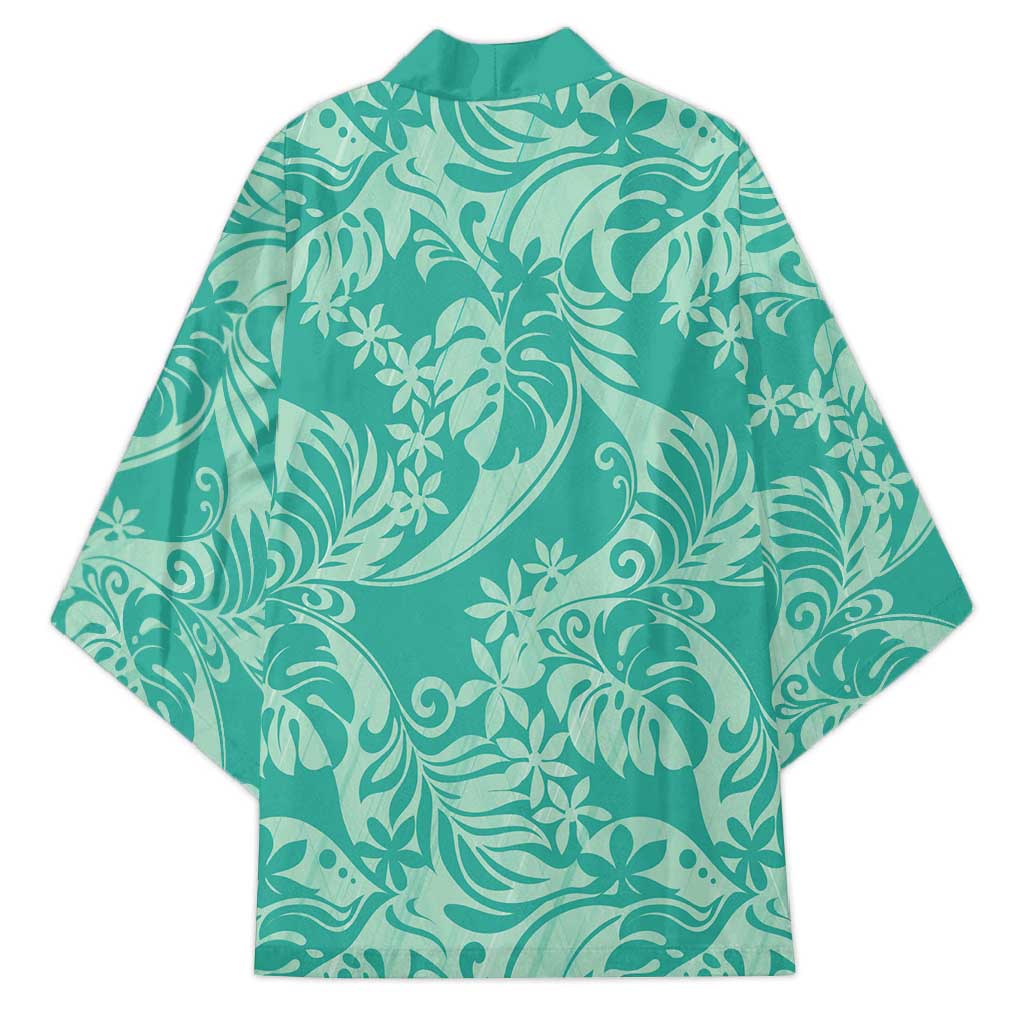 Tahiti Teal Tiare Floral Kimono Monstera Palm Tropical Leaves - Polynesian Pride