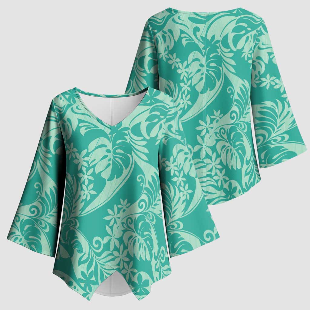 Tahiti Teal Tiare Floral Kimono Sleeve Blouse Monstera Palm Tropical Leaves - Polynesian Pride