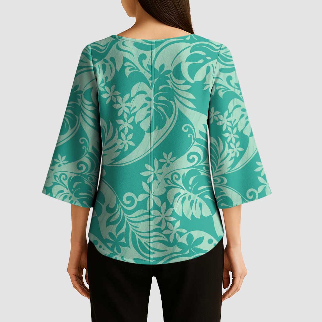 Tahiti Teal Tiare Floral Kimono Sleeve Blouse Monstera Palm Tropical Leaves - Polynesian Pride