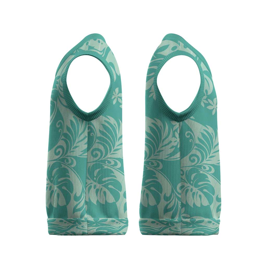 Tahiti Teal Tiare Floral Christmas Knitted V-Neck Vest Monstera Palm Tropical Leaves - Polynesian Pride