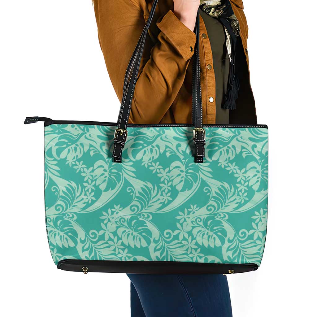 Tahiti Teal Tiare Floral Leather Tote Bag Monstera Palm Tropical Leaves - Polynesian Pride
