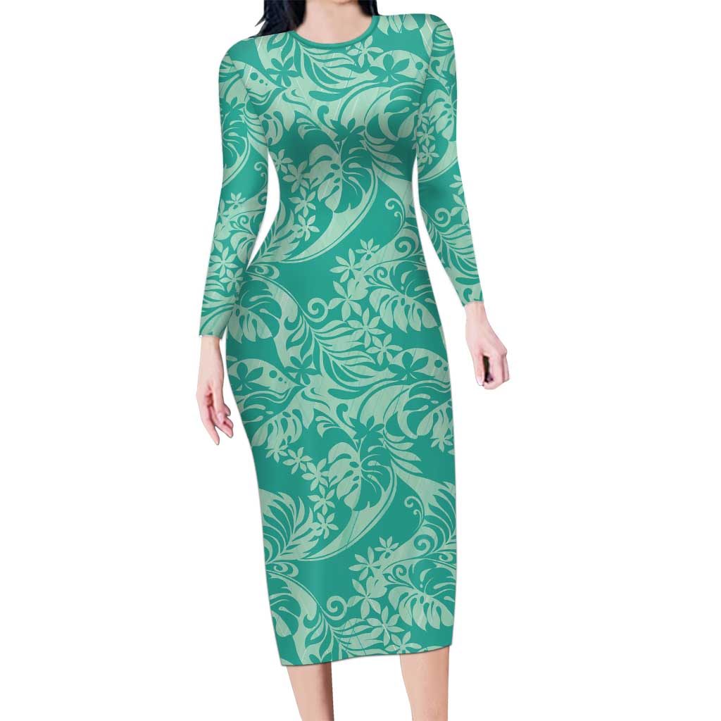 Tahiti Teal Tiare Floral Long Sleeve Bodycon Dress Monstera Palm Tropical Leaves - Polynesian Pride