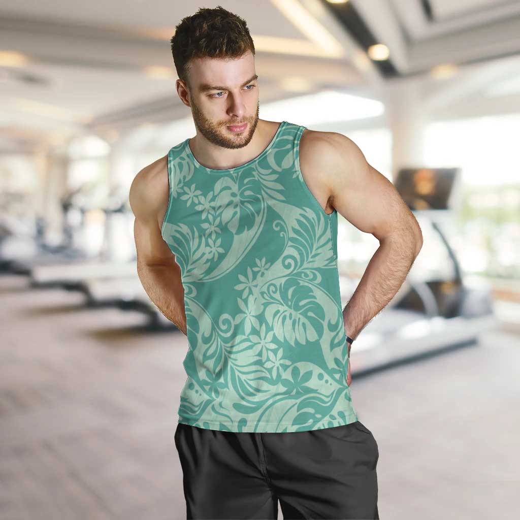 Tahiti Teal Tiare Floral Men Tank Top Monstera Palm Tropical Leaves - Polynesian Pride