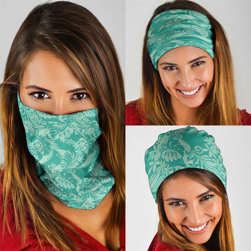 Tahiti Teal Tiare Floral Neck Gaiter Monstera Palm Tropical Leaves - Polynesian Pride