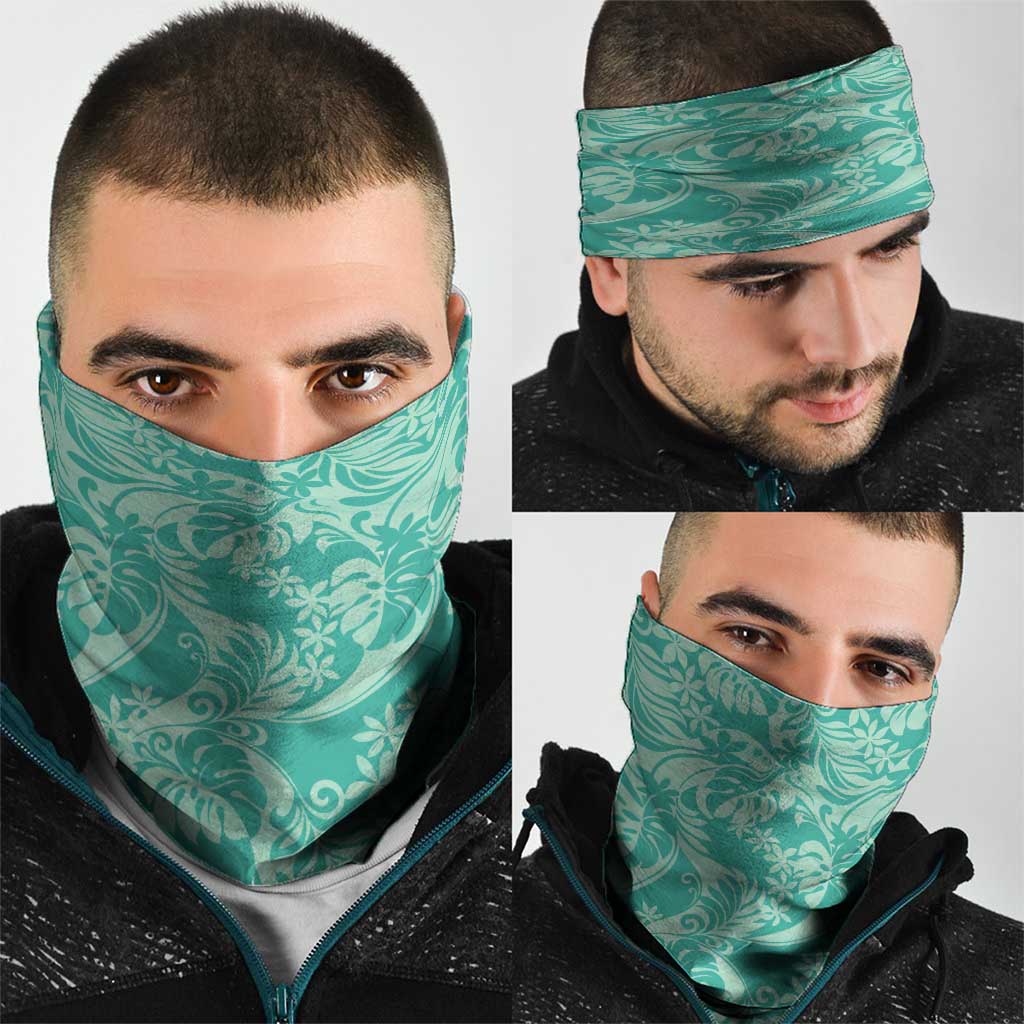 Tahiti Teal Tiare Floral Neck Gaiter Monstera Palm Tropical Leaves - Polynesian Pride