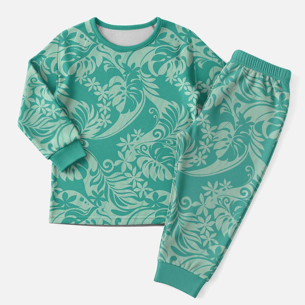 Tahiti Teal Tiare Floral Christmas Pajama Set Monstera Palm Tropical Leaves - Polynesian Pride