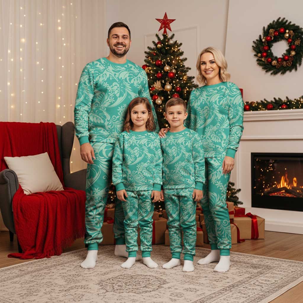 Tahiti Teal Tiare Floral Christmas Pajama Set Monstera Palm Tropical Leaves - Polynesian Pride