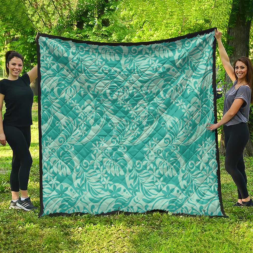 Tahiti Teal Tiare Floral Quilt Monstera Palm Tropical Leaves - Polynesian Pride