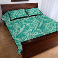 Tahiti Teal Tiare Floral Quilt Bed Set Monstera Palm Tropical Leaves - Polynesian Pride