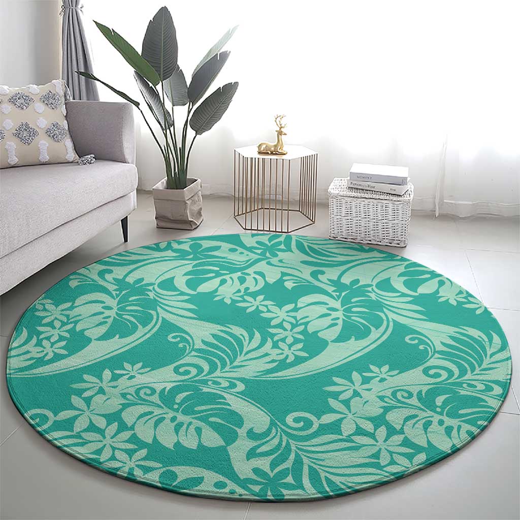 Tahiti Teal Tiare Floral Round Carpet Monstera Palm Tropical Leaves - Polynesian Pride