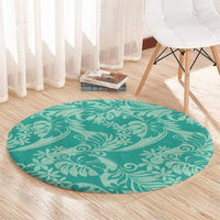 Tahiti Teal Tiare Floral Round Carpet Monstera Palm Tropical Leaves - Polynesian Pride