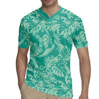 Tahiti Teal Tiare Floral Rugby Jersey Monstera Palm Tropical Leaves - Polynesian Pride