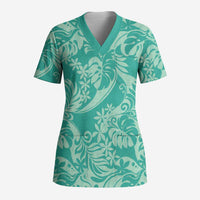 Tahiti Teal Tiare Floral Scrub Top Monstera Palm Tropical Leaves - Polynesian Pride