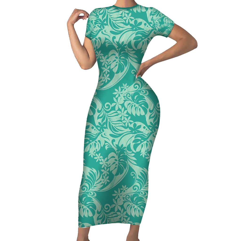 Tahiti Teal Tiare Floral Short Sleeve Bodycon Dress Monstera Palm Tropical Leaves - Polynesian Pride