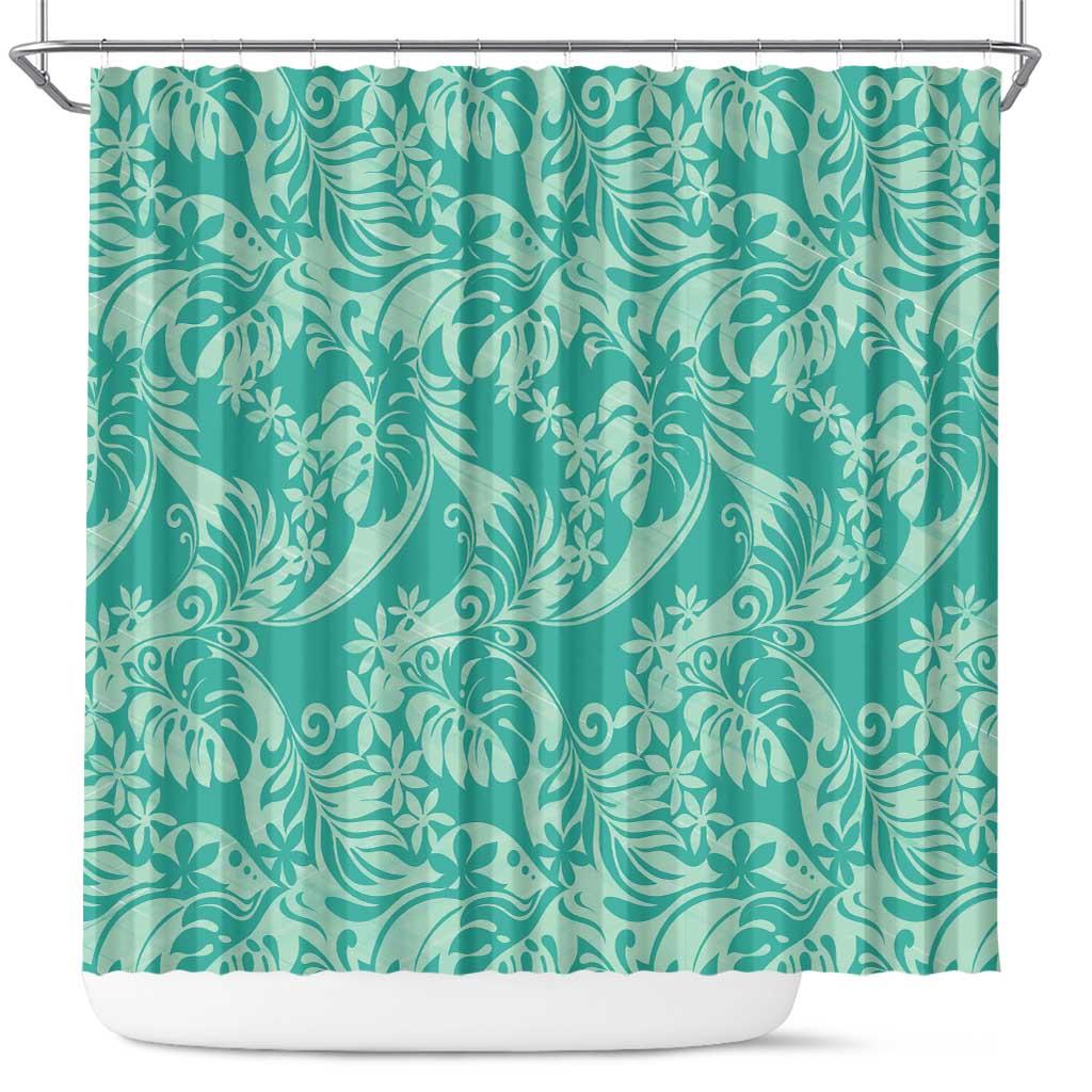 Tahiti Teal Tiare Floral Shower Curtain Monstera Palm Tropical Leaves - Polynesian Pride