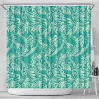 Tahiti Teal Tiare Floral Shower Curtain Monstera Palm Tropical Leaves - Polynesian Pride