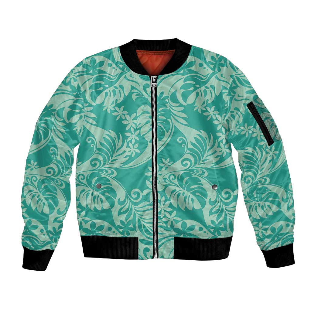 Tahiti Teal Tiare Floral Sleeve Zip Bomber Jacket Monstera Palm Tropical Leaves LT01 Unisex Teal - Polynesian Pride