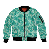 Tahiti Teal Tiare Floral Sleeve Zip Bomber Jacket Monstera Palm Tropical Leaves LT01 Unisex Teal - Polynesian Pride