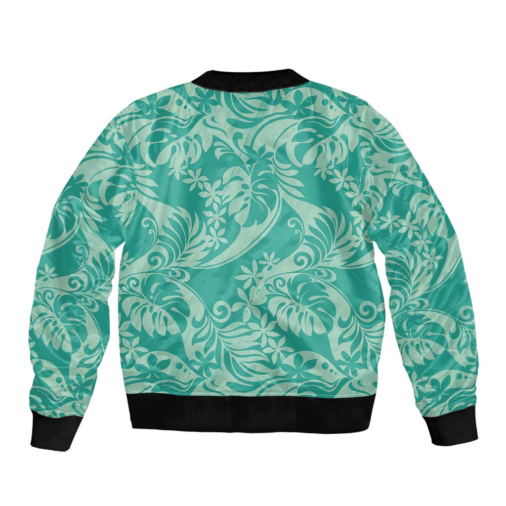 Tahiti Teal Tiare Floral Sleeve Zip Bomber Jacket Monstera Palm Tropical Leaves LT01 - Polynesian Pride