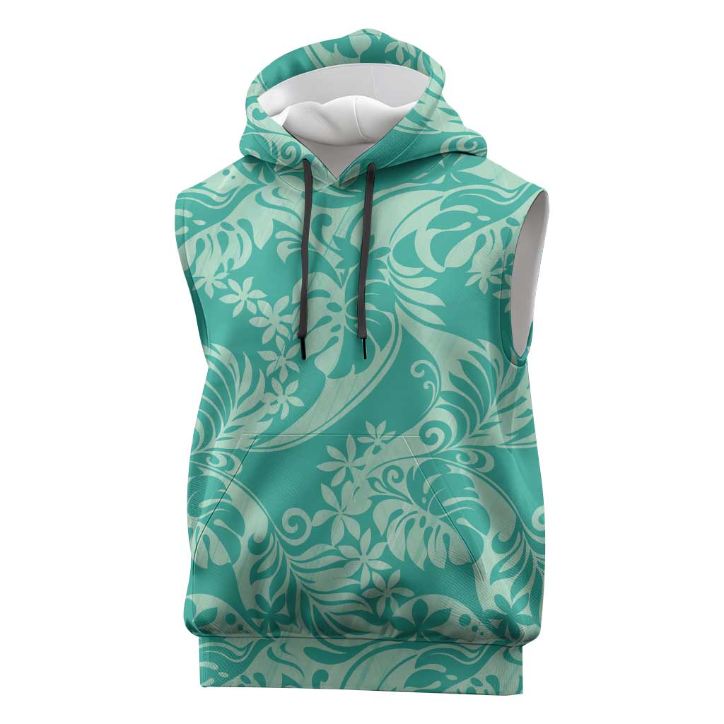 Tahiti Teal Tiare Floral Sleeveless Hoodie Monstera Palm Tropical Leaves - Polynesian Pride