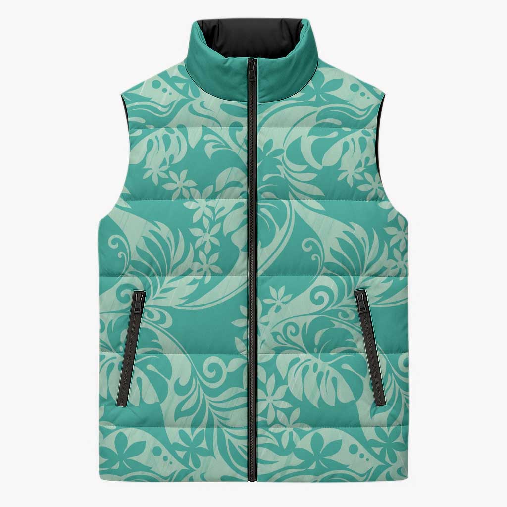 Tahiti Teal Tiare Floral Sleeveless Puffer Jacket Monstera Palm Tropical Leaves - Polynesian Pride