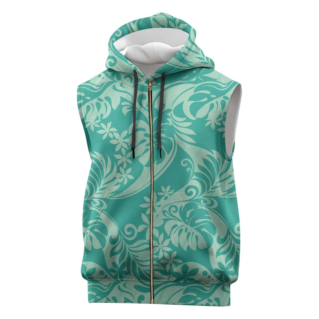 Tahiti Teal Tiare Floral Sleeveless Zip Hoodie Monstera Palm Tropical Leaves - Polynesian Pride