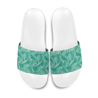 Tahiti Teal Tiare Floral Slide Sandals Monstera Palm Tropical Leaves - Polynesian Pride