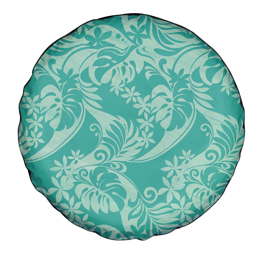 Tahiti Teal Tiare Floral Spare Tire Cover Monstera Palm Tropical Leaves - Polynesian Pride