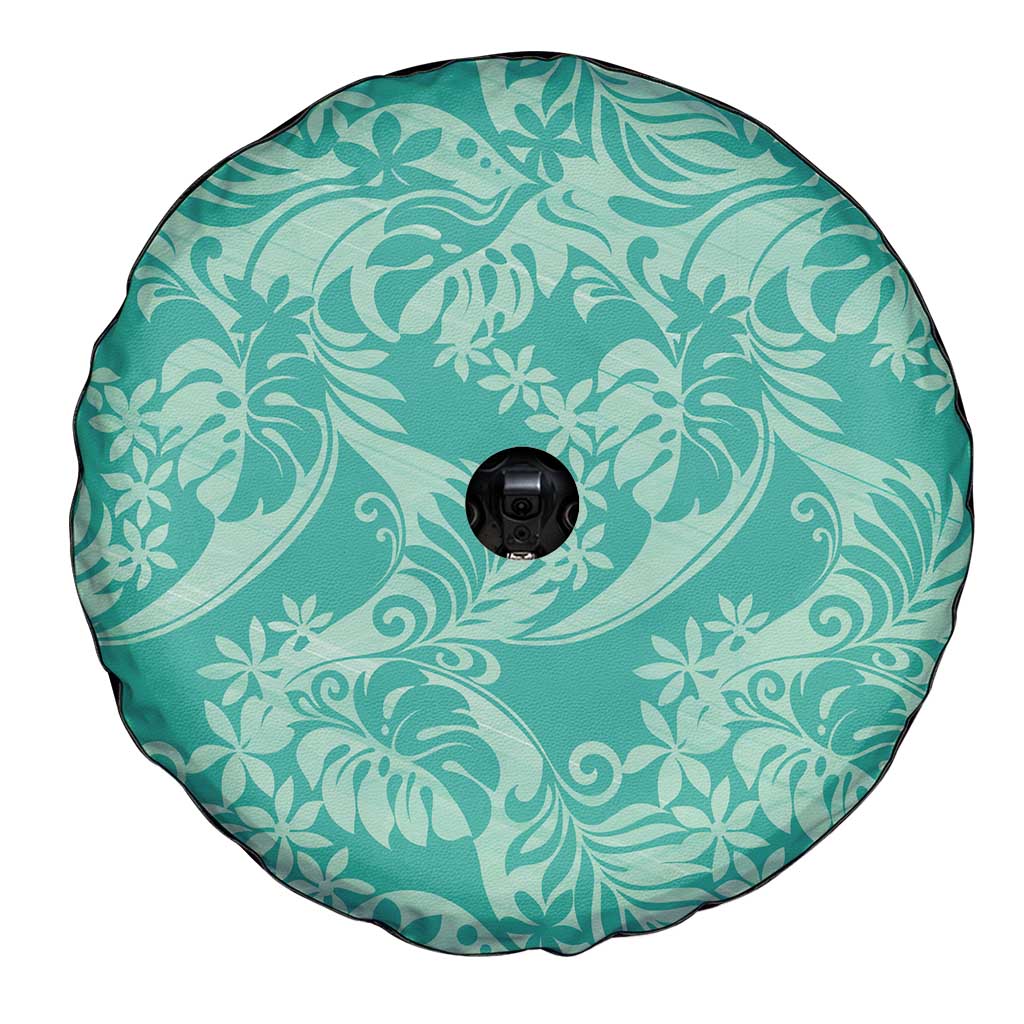 Tahiti Teal Tiare Floral Spare Tire Cover Monstera Palm Tropical Leaves - Polynesian Pride