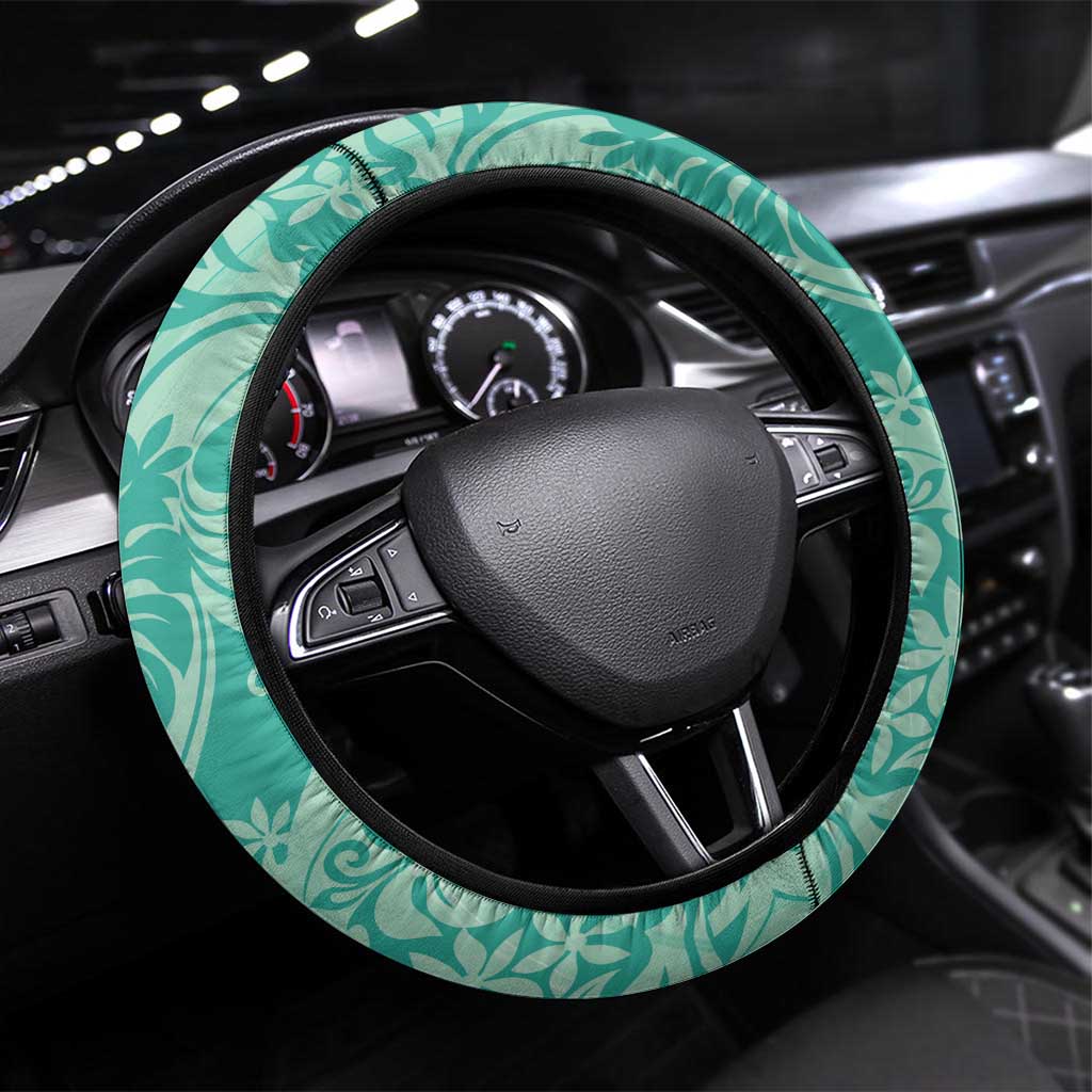 Tahiti Teal Tiare Floral Steering Wheel Cover Monstera Palm Tropical Leaves - Polynesian Pride