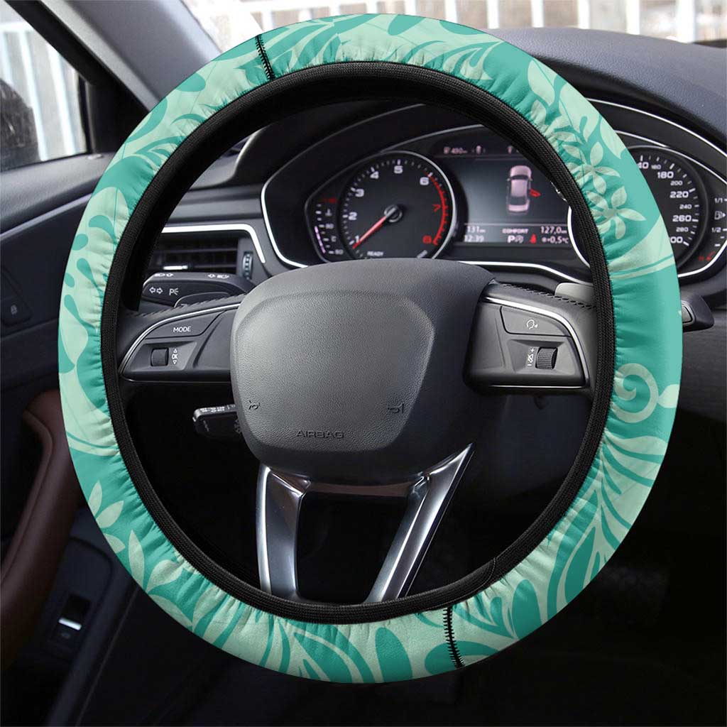 Tahiti Teal Tiare Floral Steering Wheel Cover Monstera Palm Tropical Leaves - Polynesian Pride