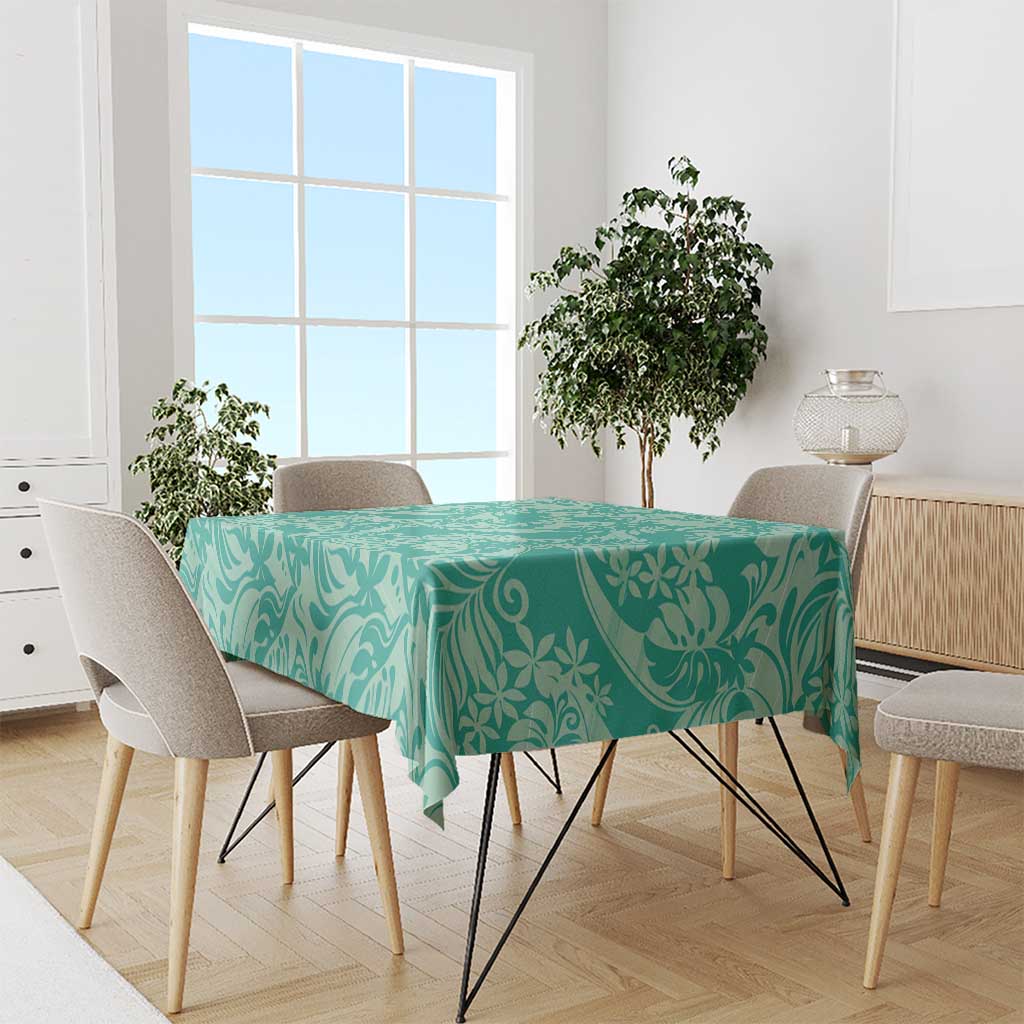 Tahiti Teal Tiare Floral Tablecloth Monstera Palm Tropical Leaves - Polynesian Pride