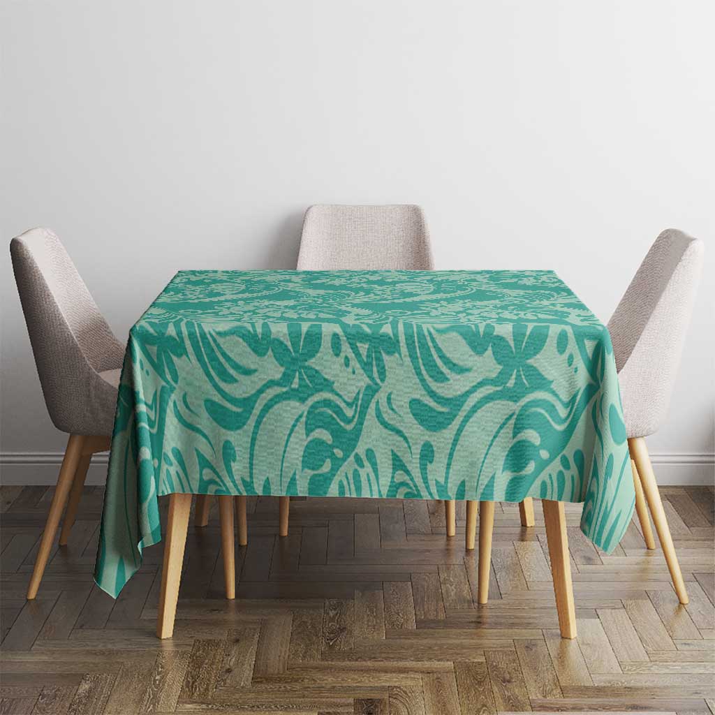 Tahiti Teal Tiare Floral Tablecloth Monstera Palm Tropical Leaves - Polynesian Pride